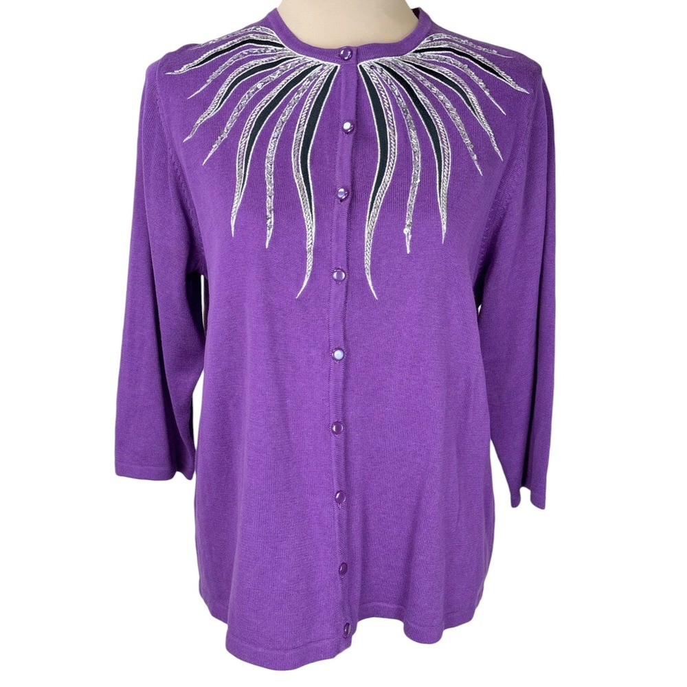 Bob Mackie Wearable Art Cardigan Purple Embellished 3/4 Sleeve‎ Large